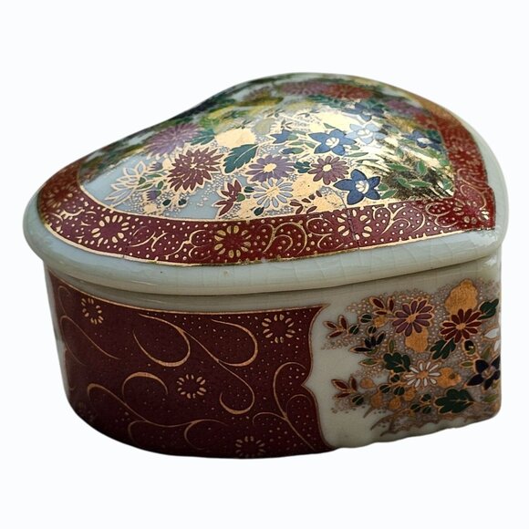 Satsuma Japan Porcelain Heart Shaped Trinket Box Vtg Floral with Gold Accents - Picture 6 of 12